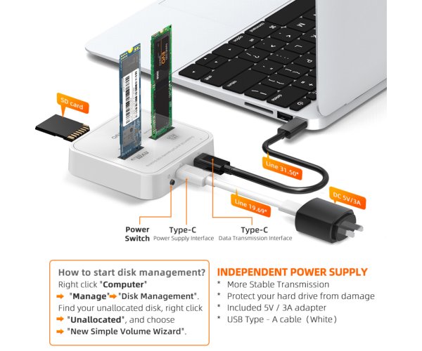 Maiwo K3016SD Dual Bay M.2 NVMe SATA (B+M Key) SSD Docking Station SD Card - Image 2