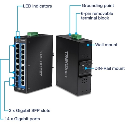 TRENDnet TI-G162 Hardened Industrial 16-Port Gigabit Switch 2x SFP DIN-Rail Hub - Image 4
