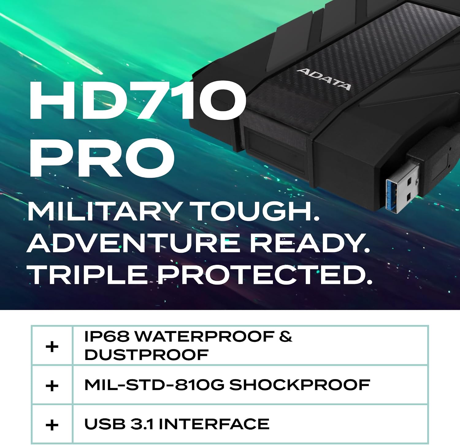 ADATA HD710 Pro 1TB External Hard Drive IP68 Waterproof Rugged USB 3.1 HDD Black